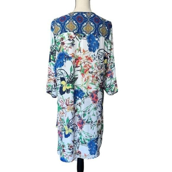 Bohemian Floral Tunic Dress With Blue Paisley Details & Button Front  M/L - Picture 3 of 10